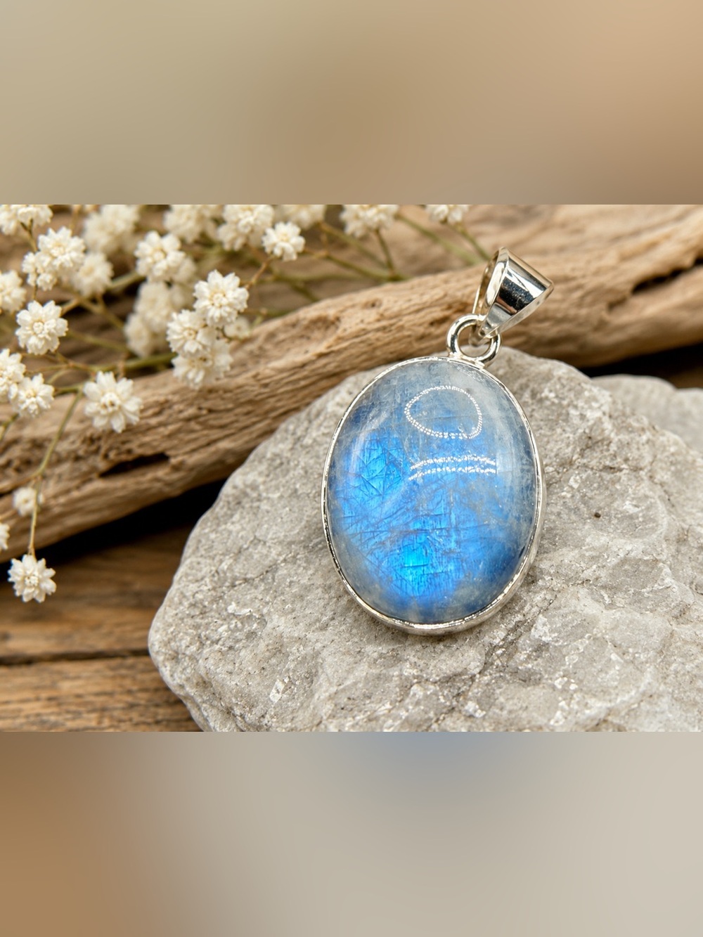 NWT Sterling Silver Blue Flash Moonstone 2” Statement Pendant 11.2g Southwest925